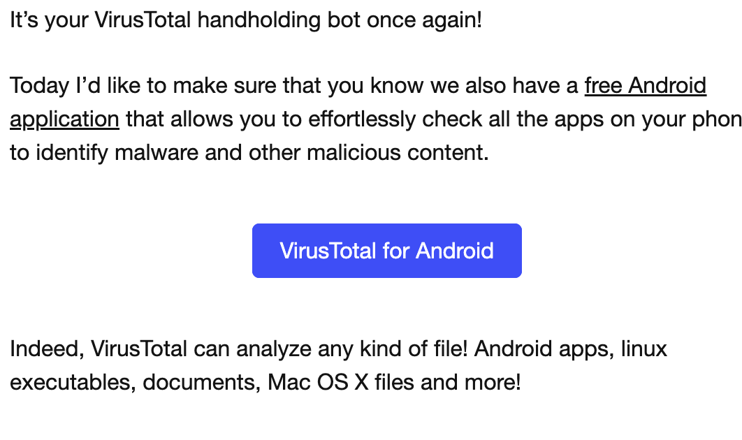 VirusTotal’s marketing email pushing the third-party Android app