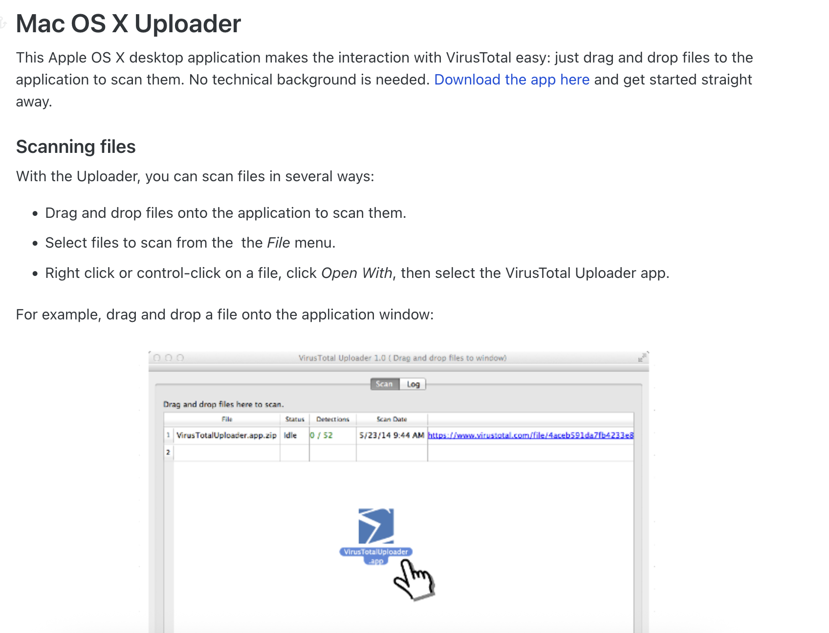 VirusTotal’s website showcasing the Mac OS X Uploader, note the scan date 5/23/14