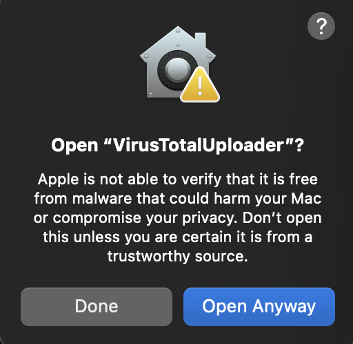 VirusTotal scan of the uploader binary, unsigned