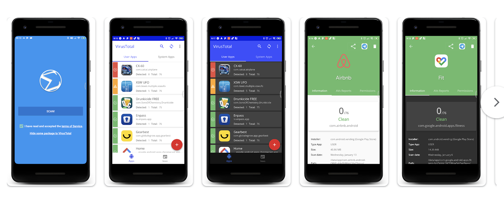 In-app screenshots: old Holo-era UI, scan results page